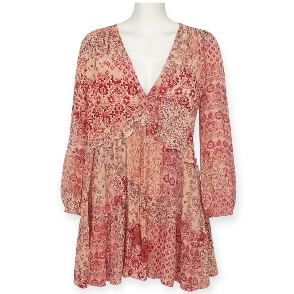 Zara Boho Patchwork Floral Dress Pink Red Long Sleeve Tassel Tie Mini Sz Small